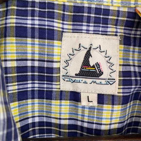 Coyote Moon Navy Blue and Yellow Plaid Western Pearl Snap Shirt - Large - Picture 4 of 5